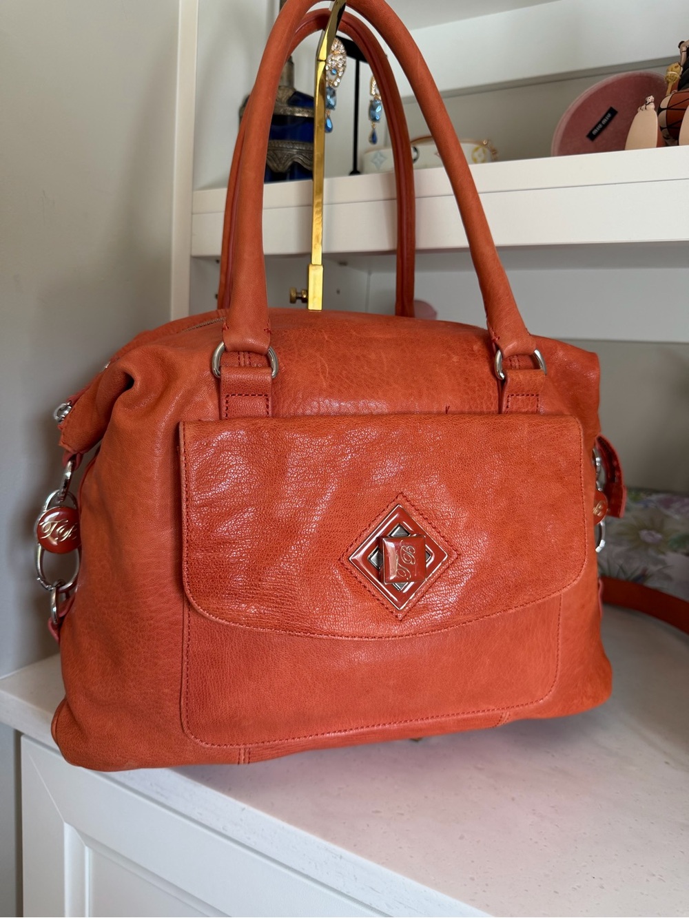 Ted Baker London Orange Leather Shoulder Bag with Medallion Detail EUC